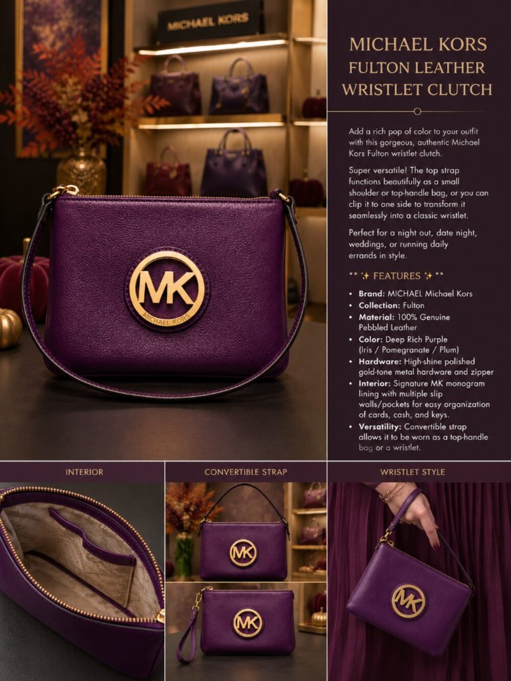 MICHAEL KORS Fulton Iris Purple Pebbled Leather Convertible Wristlet Bag 2018 - Picture 10 of 10